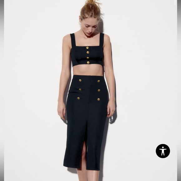 Zara Dresses & Skirts - Zara black pencil skirt and crop top with gold buttons